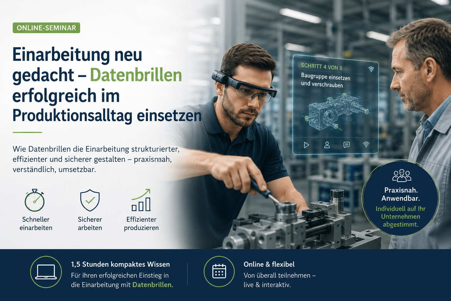 Seminar zur Einarbeitung mit Datenbrillen im Produktionsalltag: Ein Mitarbeiter nutzt eine AR-Brille an einer Industriemaschine.