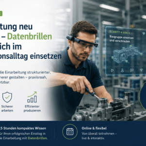 Seminar zur Einarbeitung mit Datenbrillen im Produktionsalltag: Ein Mitarbeiter nutzt eine AR-Brille an einer Industriemaschine.